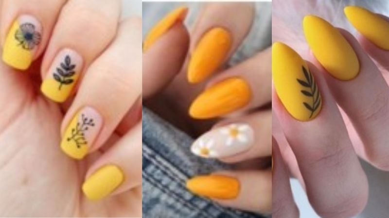 unhas com diferentes padrões florais em cor amarela