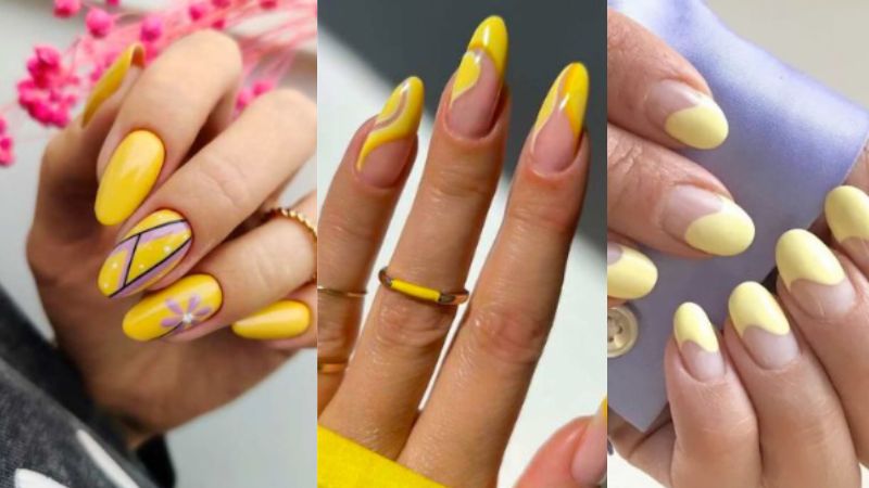 unhas com padroes abstratos em amarelo