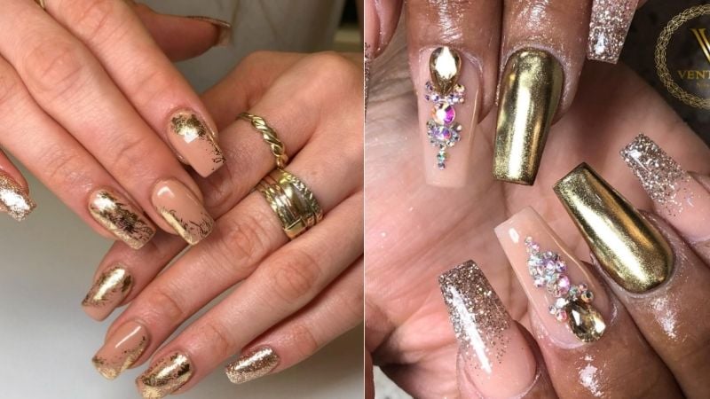 Unhas decoradas com esmalte dourado.