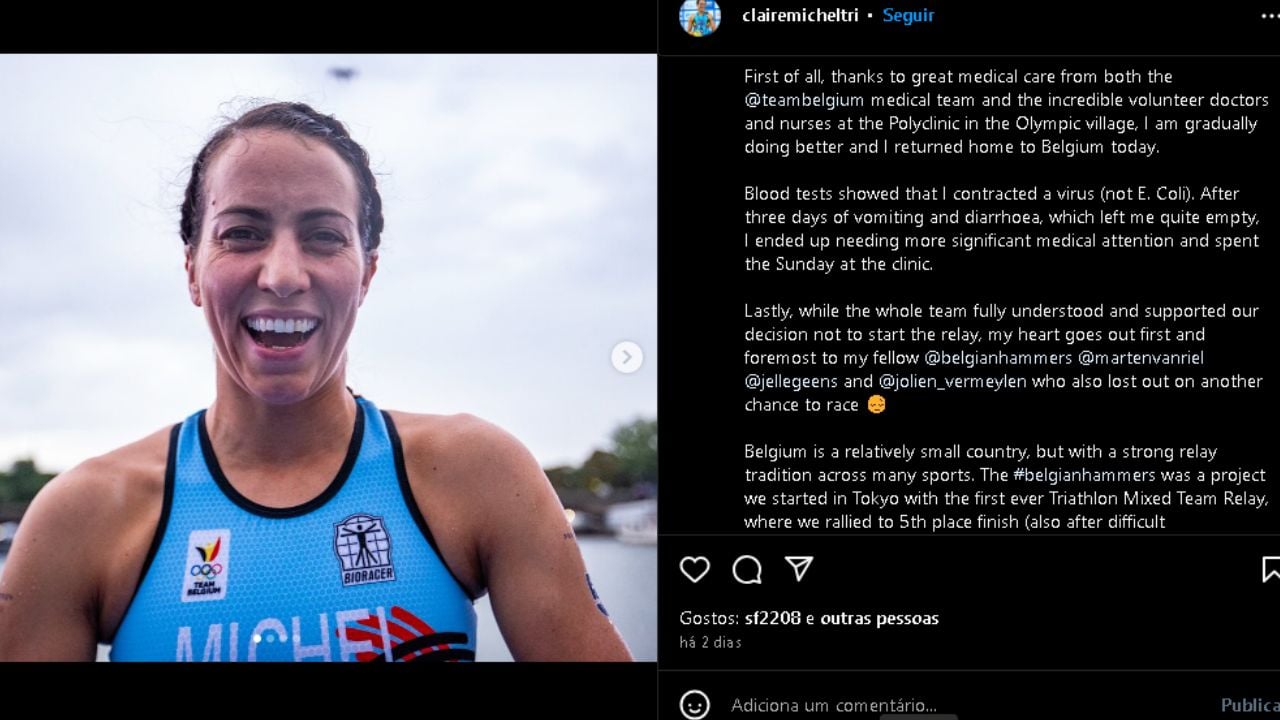 Print de publicação da atleta Claire Michel desmentindo rumores sobre sua saúde.