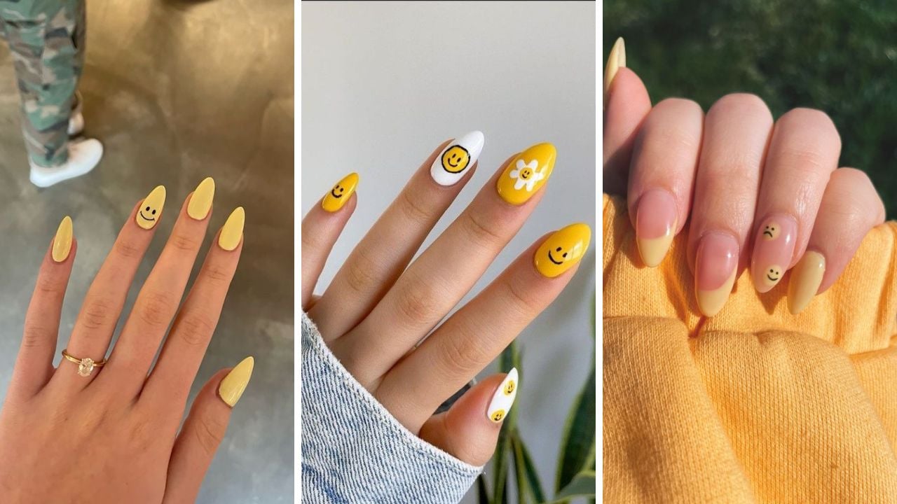 Unhas decoradas com carinhas amarelas.