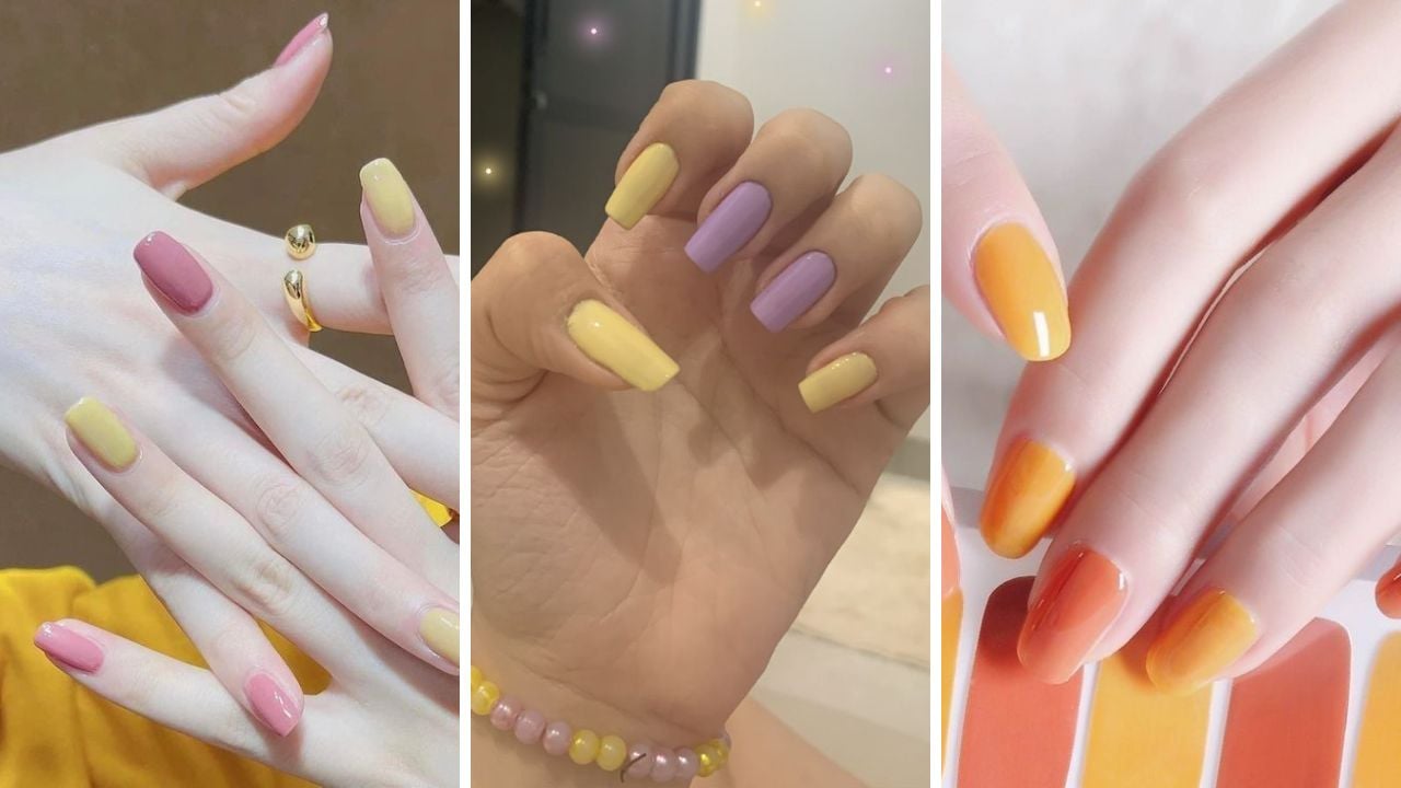 Unhas amarelas combinadas com outras cores.