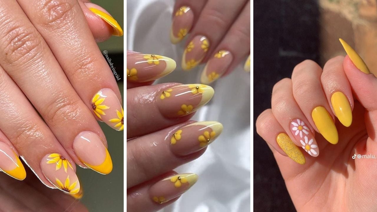 Unhas amarelas decoradas com flores