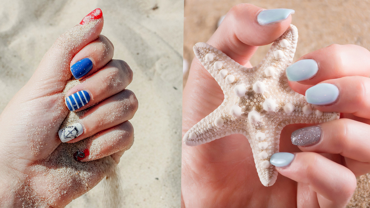 Unhas decoradas em azul para praia