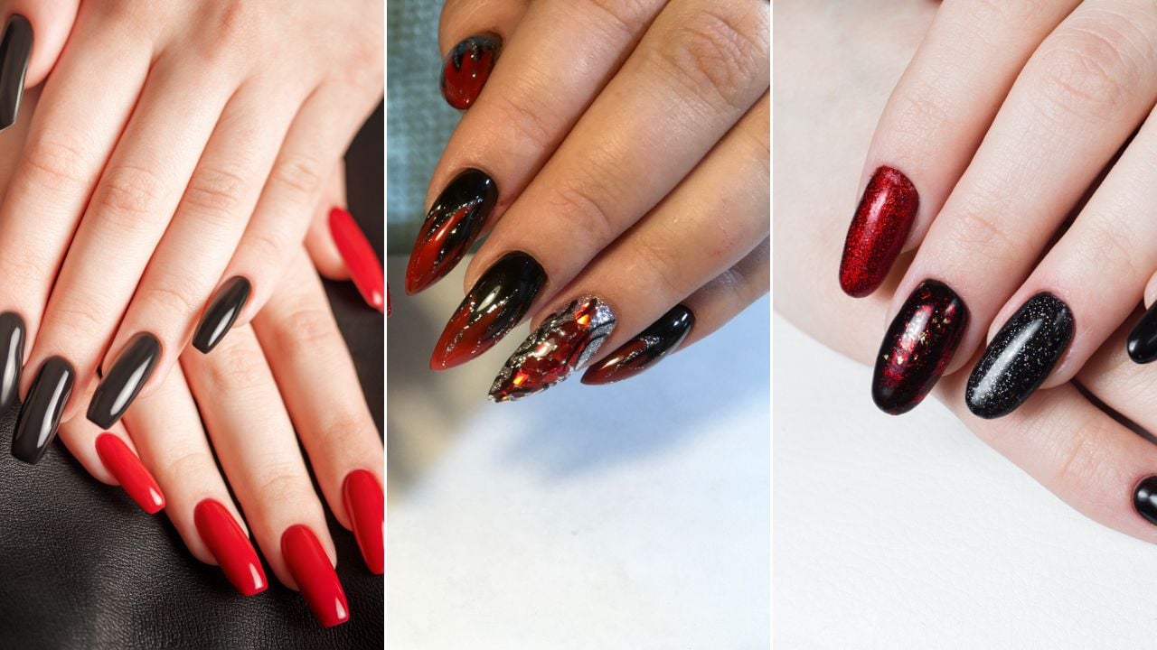 Ideias de unhas pretas e vermelhas.