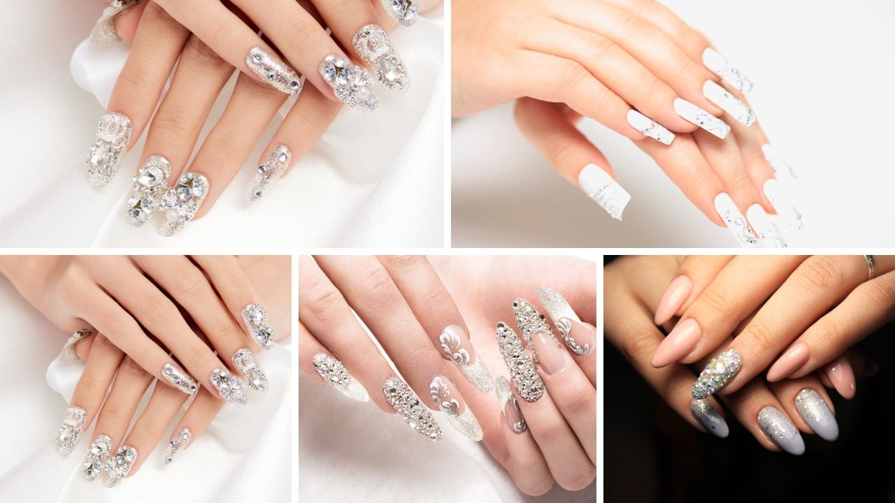 Unhas decoradas com pedrarias.