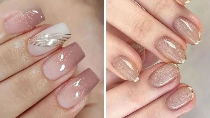 unhas nude com brilho