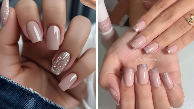 unhas natalinas nude com brilho