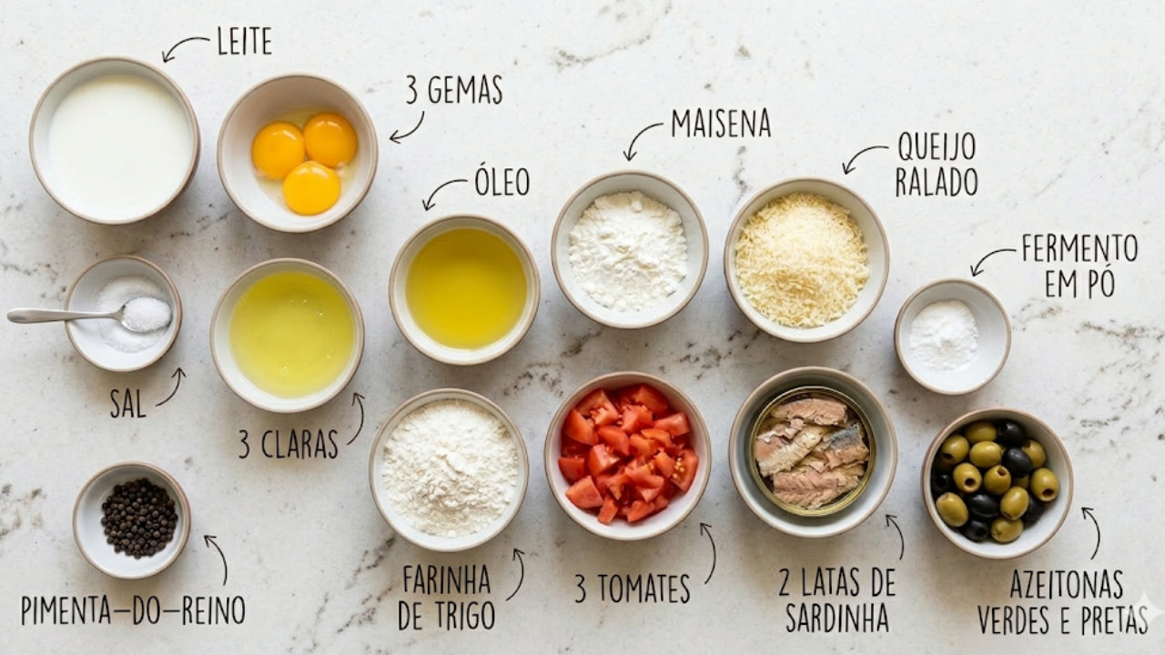 ingredientes da receita de torta de sardinha