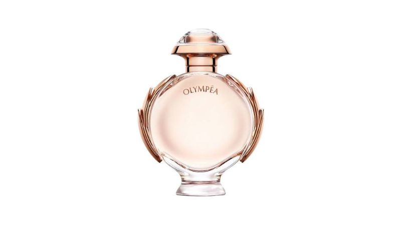 frasco de perfume bege.
