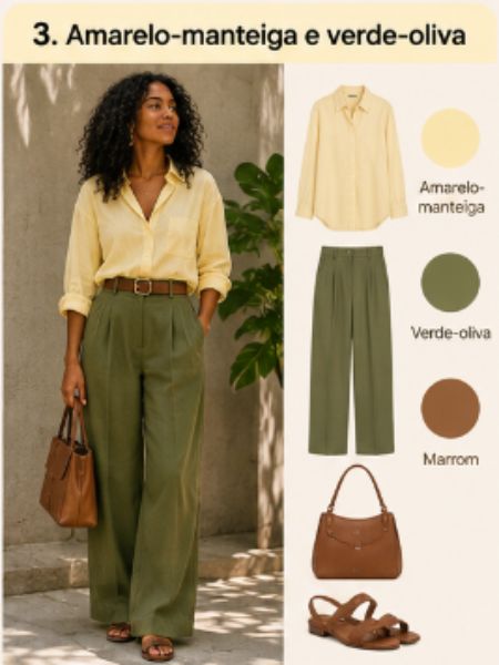 roupa amarelo manteiga e verde oliva.