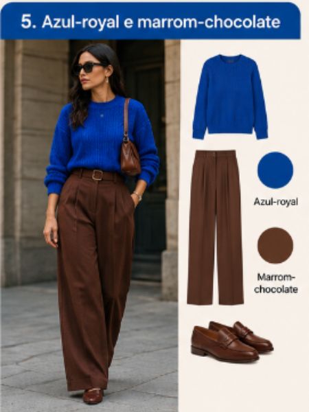 combinação de roupa azul marinho e marrom.