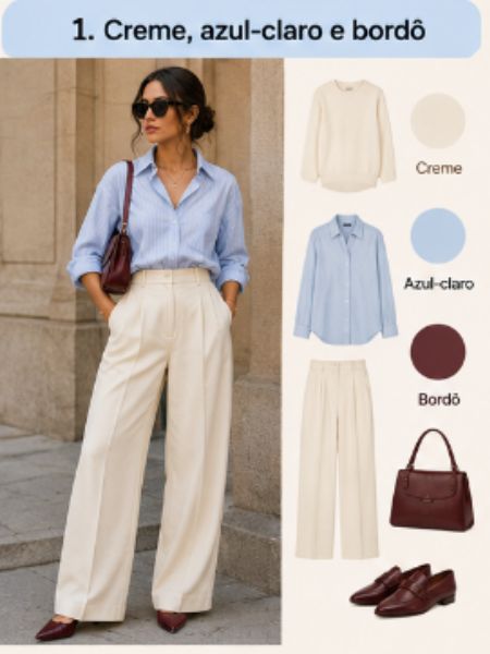 combinação de roupas creme, azul claro e vinho.