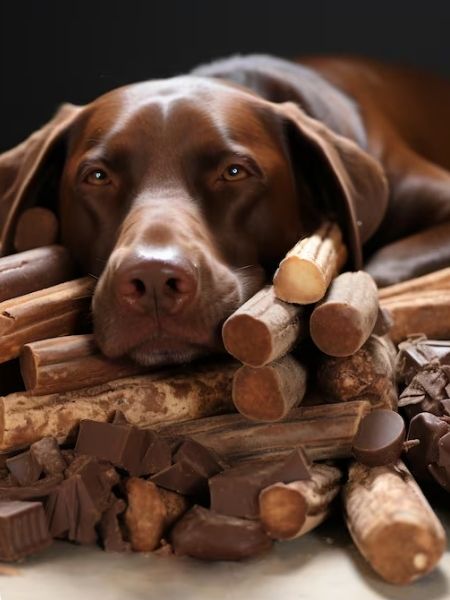 cachorro deitado sob chocolates