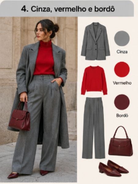 combinação de roupa vermelha com cinza