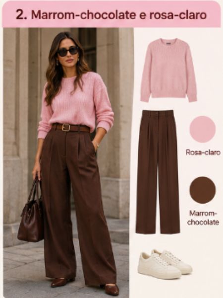 combinação de roupa marrom e rosa