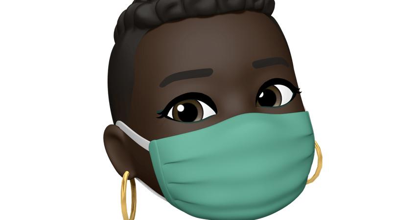 Memoji de mulher negra utilizando máscara de proteção verde